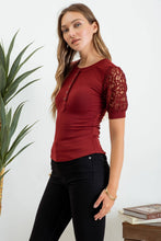 Load image into Gallery viewer, Sweet Cranberry Henley Lace Sleeve Top