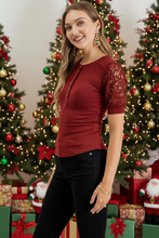 Load image into Gallery viewer, Sweet Cranberry Henley Lace Sleeve Top