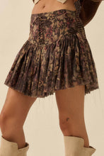 Load image into Gallery viewer, Wild Mocha Blooms Drop-Waist Lace-Up Pleated Mini Skort
