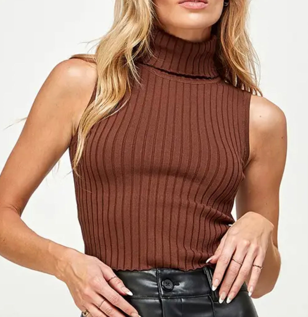 Ribbed Chocolate Crop Sleeveless Turtleneck Sweater