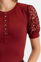Load image into Gallery viewer, Sweet Cranberry Henley Lace Sleeve Top
