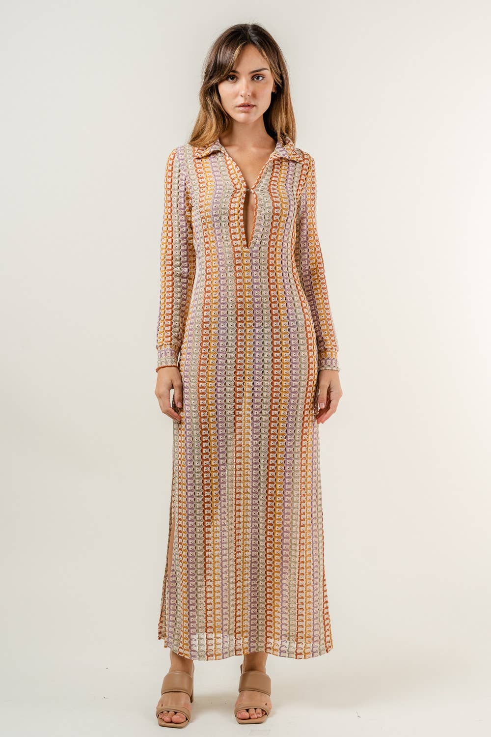 Boogie Nights Retro Long Sleeve Crochet Dress/ Coverup Rainbow / M