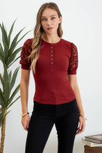 Load image into Gallery viewer, Sweet Cranberry Henley Lace Sleeve Top