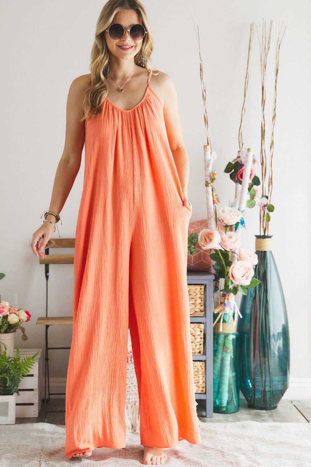 Gauzy Chic Coverup Flowy Jumpsuit (2 colors) Clementine Coral / L Gauzy Chic Coverup Flowy Jumpsuit (2 colors) Clementine Coral / L