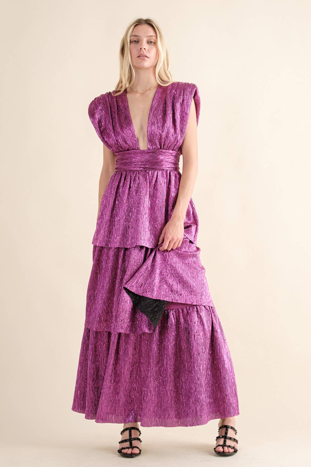 metallic plisse dress Dare to Wear Metallic Plisse Plunging Maxi Dress Metallic Magenta / L
