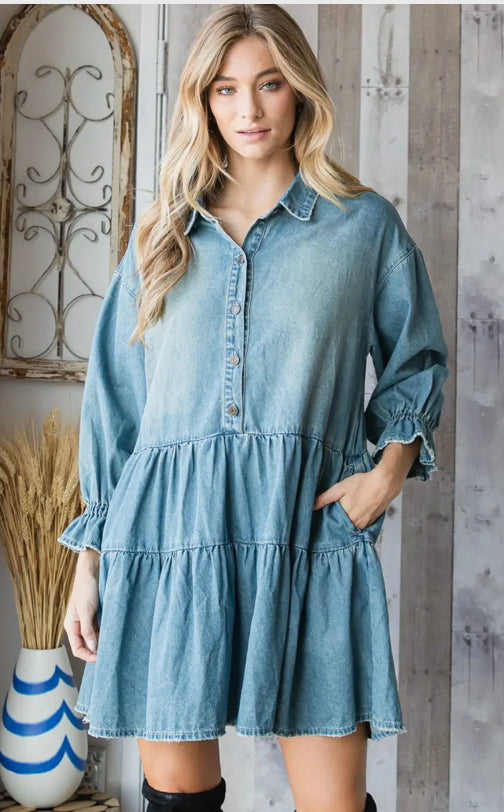 A Little Edgy Destroyed Denim Tiered Dress L A Little Edgy Destroyed Denim Tiered Dress L