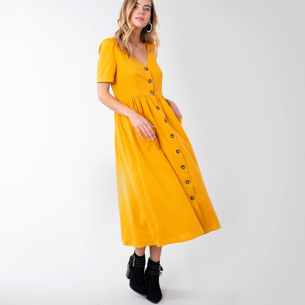 Stellaluna Raine Mustard Linen Button Down Midi Dress L