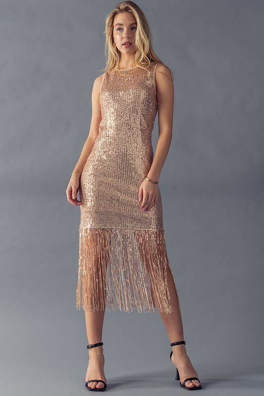 Gatsby Glam Sequin Fringe Dress (2 Colors Available) Rose Gold / L Gatsby Glam Sequin Fringe Dress (2 Colors Available) Rose Gold / L