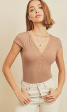 Load image into Gallery viewer, Light Camel Ribbed Round Neck Short Sleeve Henley Bodysuit