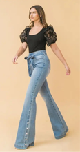 Load image into Gallery viewer, Snazzy Snap High Waisted Paperbag Flare Jeans (2 colors available)