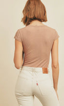 Load image into Gallery viewer, Light Camel Ribbed Round Neck Short Sleeve Henley Bodysuit