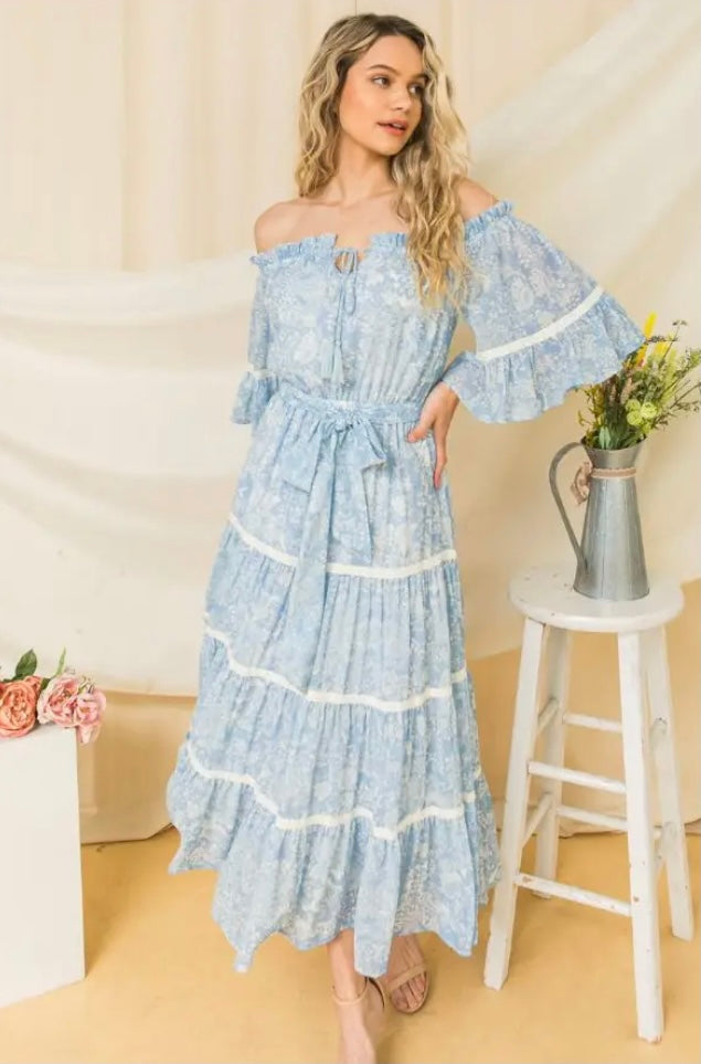 blue tiered midi dress Joanna Andraos STRAPLESS GOWN WITH SCARF IN BABY BLUE main image 0