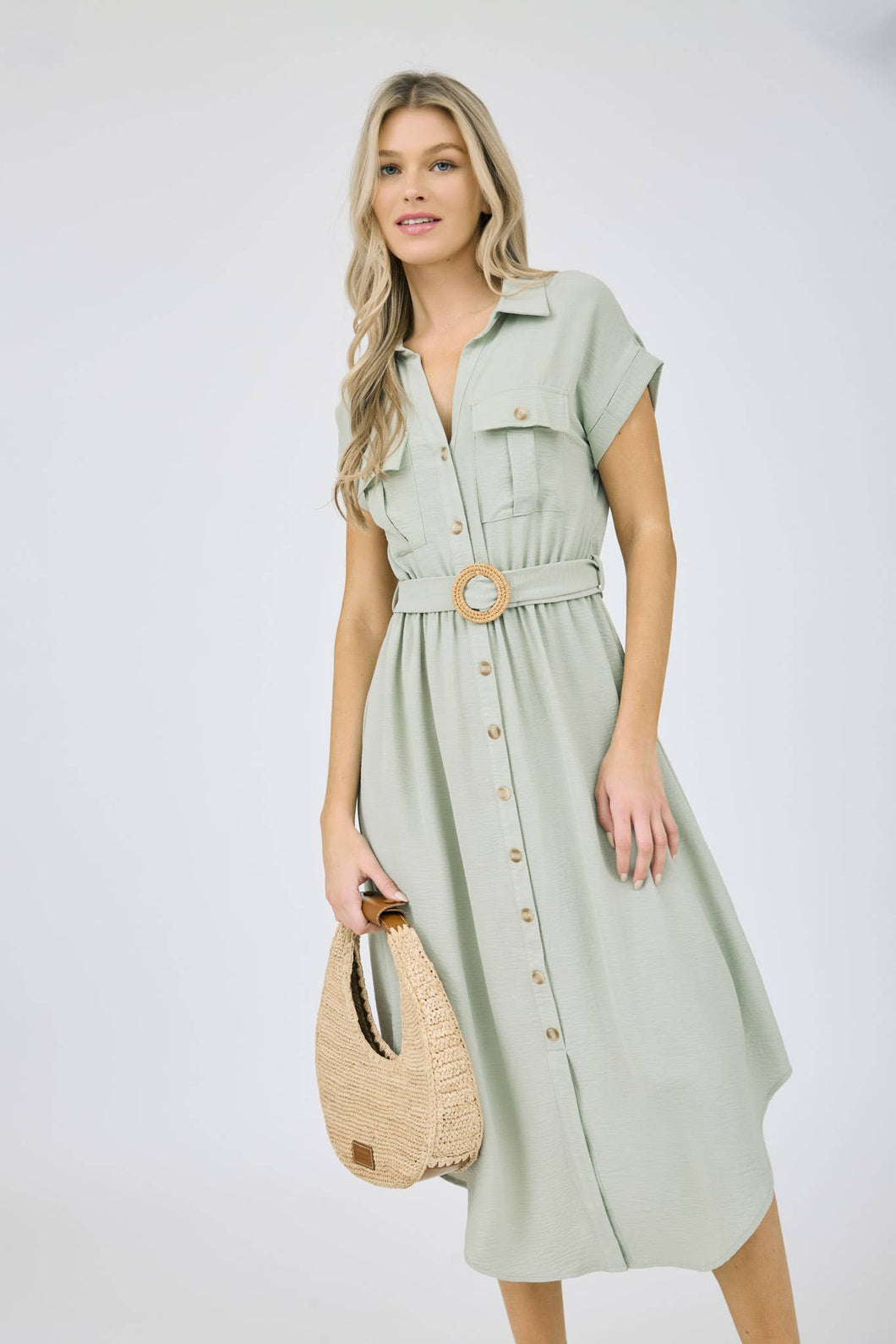 Sage Safari Button Down Midi Dress