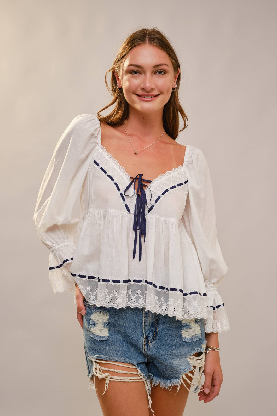 Twilight Orchard Romance Lace Trim Peasant Blouse