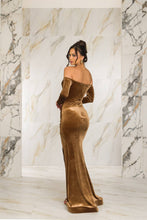 Load image into Gallery viewer, Sweet &amp; Sultry Honey Gold Velvet Maxi Gown
