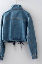 Load image into Gallery viewer, Get Elevated Drawstring Hem Stand Collar Denim Crop Jacket
