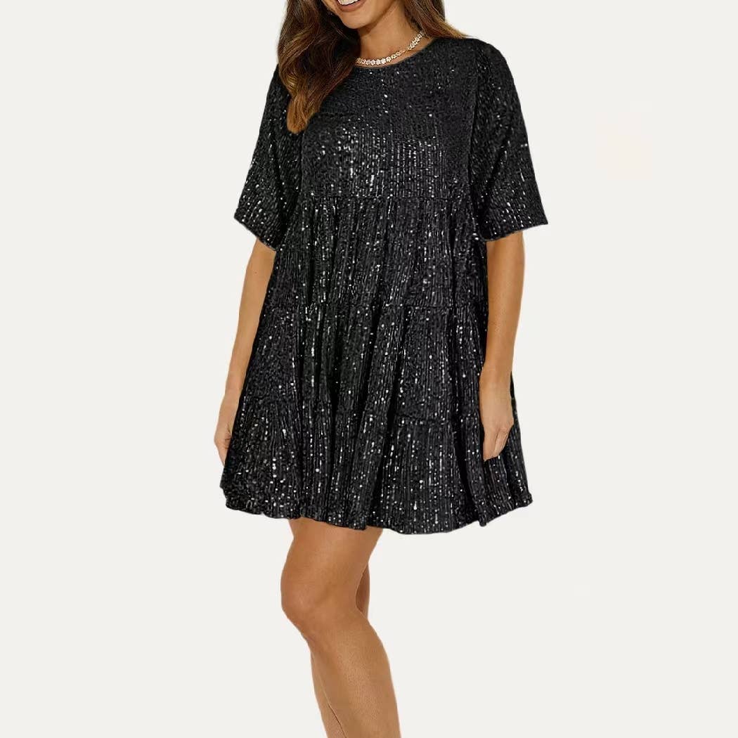 Midnight Magic Sequin Tier Babydoll Dress