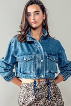 Load image into Gallery viewer, Get Elevated Drawstring Hem Stand Collar Denim Crop Jacket
