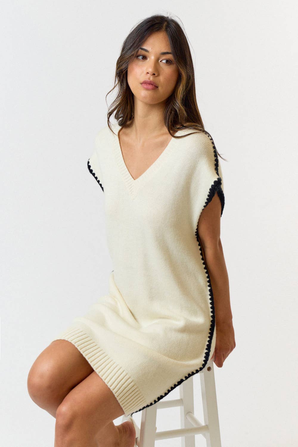 white christmas dresses Chic Cream Contrast Sweater Dress Ivory Black / S