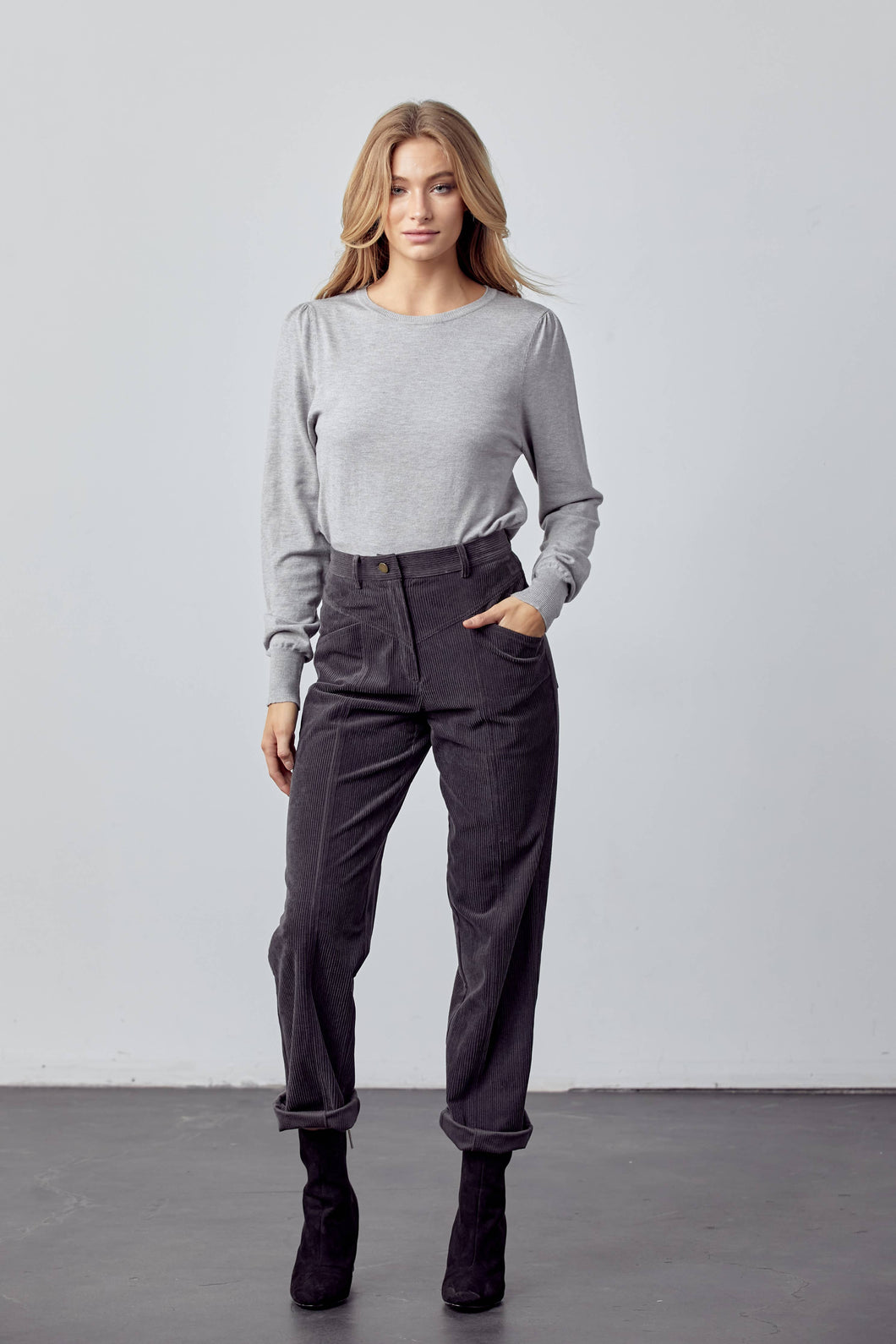 Charcoal Corduroy Straight Leg Pants