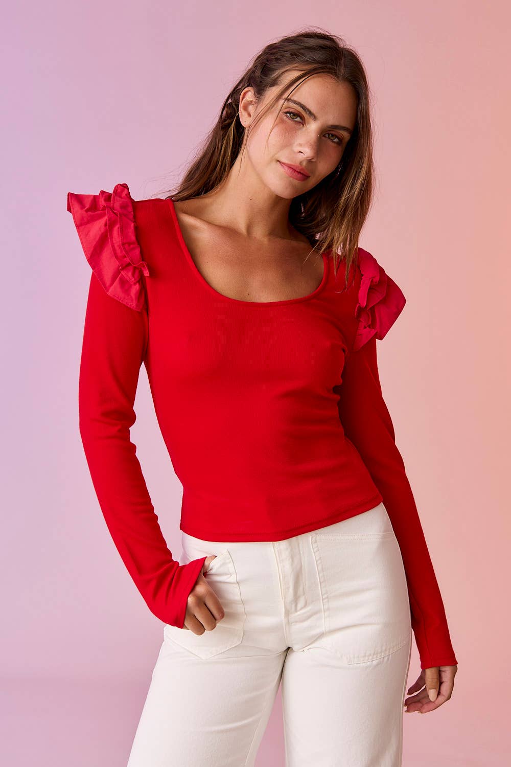 Rudolph Red Ribbed Ruffle Top