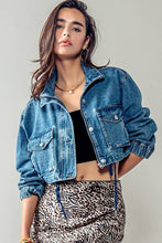 Load image into Gallery viewer, Get Elevated Drawstring Hem Stand Collar Denim Crop Jacket
