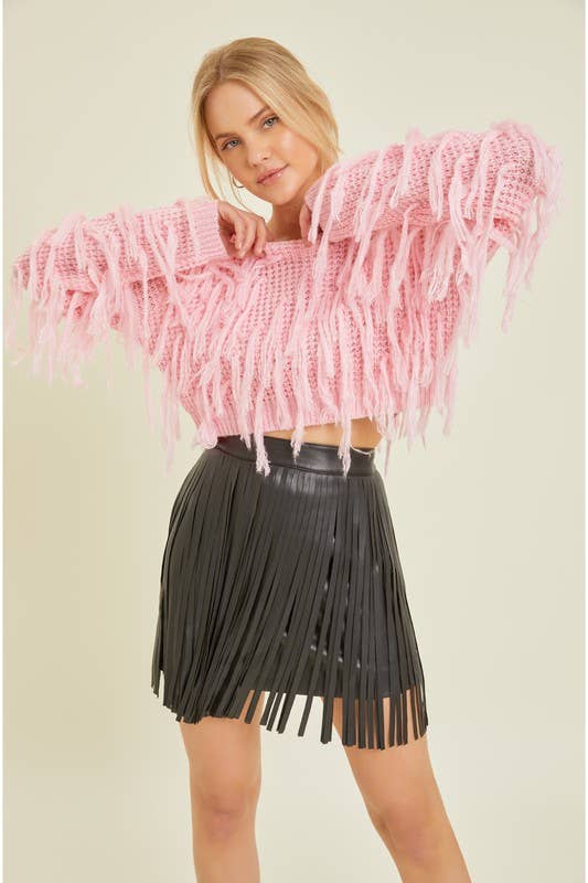 Cotton Candy Pink Crop Fringe Sweater