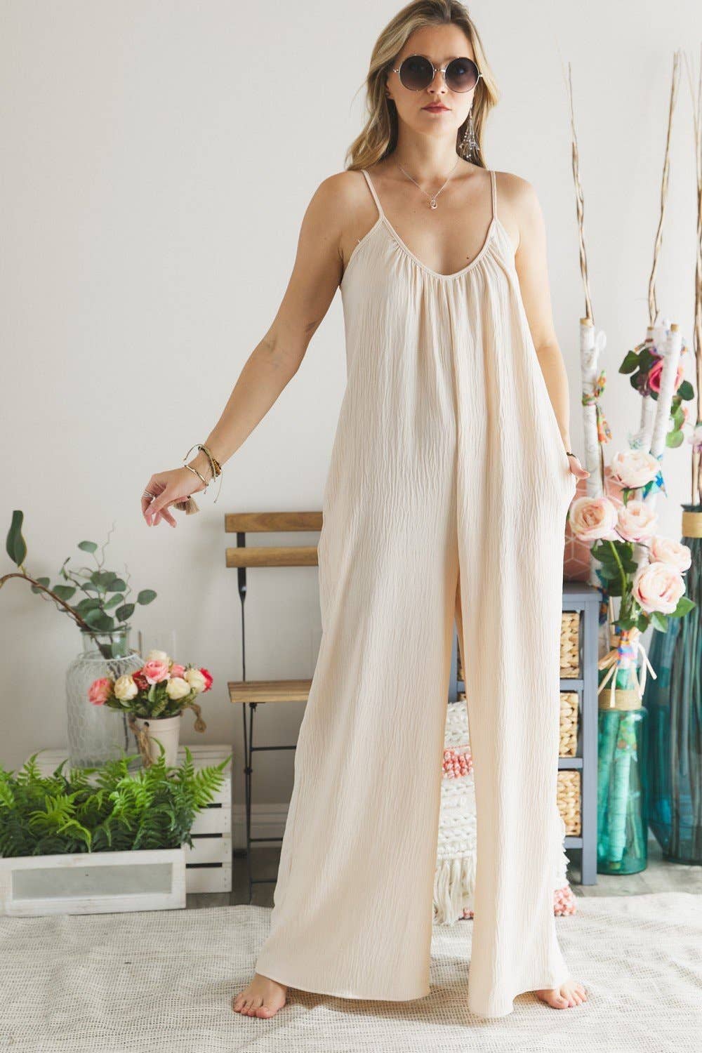 Gauzy Chic Coverup Flowy Jumpsuit (2 colors) Natural / L Gauzy Chic Coverup Flowy Jumpsuit (2 colors) Natural / L