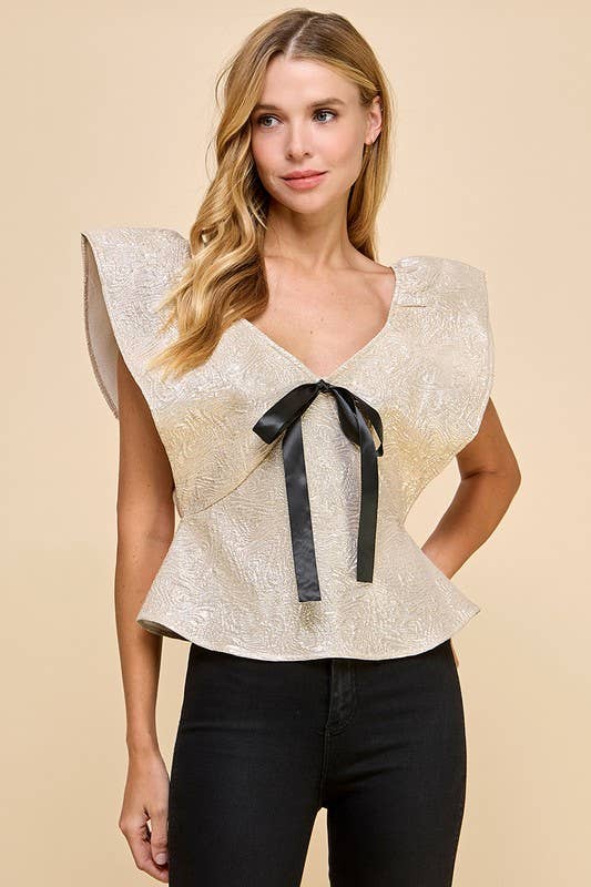 Champagne Toast Metallic Front Bow V-Neckline Top