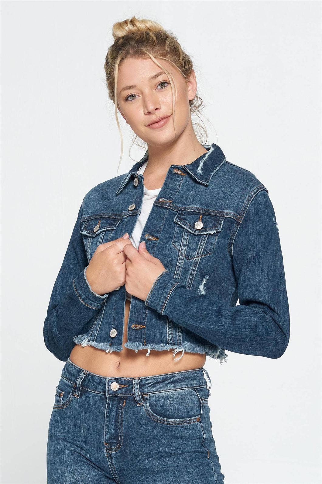 Denim Rebel Dark Wash Raw Hem Cropped Jacket
