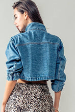 Load image into Gallery viewer, Get Elevated Drawstring Hem Stand Collar Denim Crop Jacket
