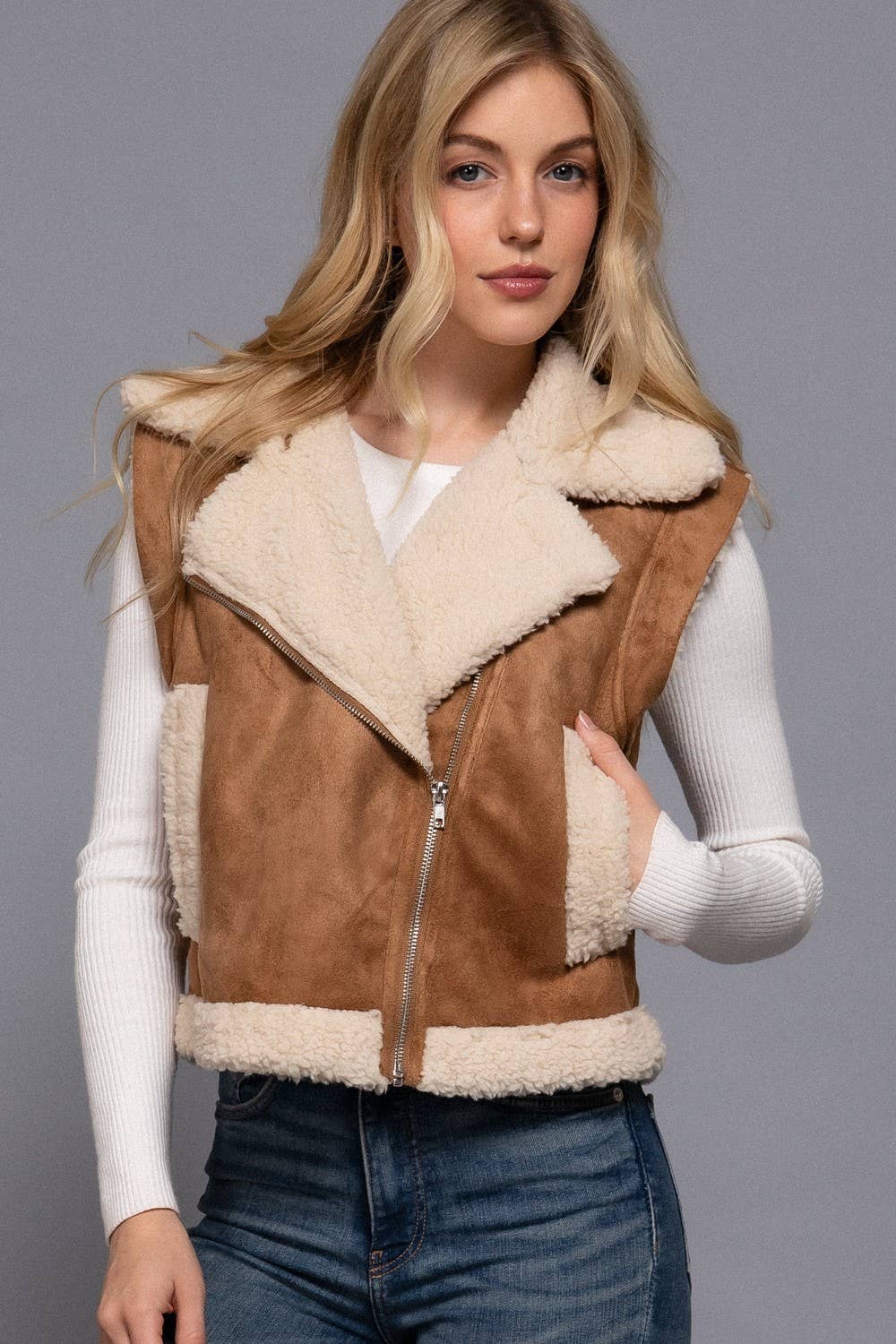 So Yummy Faux Suede Inner Fur Zip Up Vest