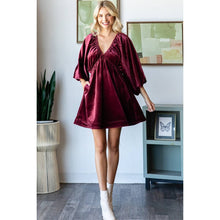 Load image into Gallery viewer, Very Merry Merlot Velvet V-neck Babydoll Dress
