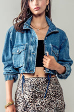 Load image into Gallery viewer, Get Elevated Drawstring Hem Stand Collar Denim Crop Jacket
