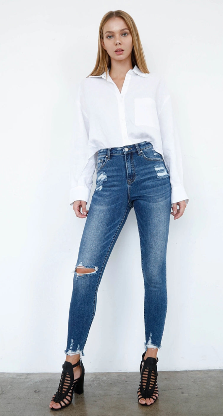 High Rise Ankle Distressed Skinnies