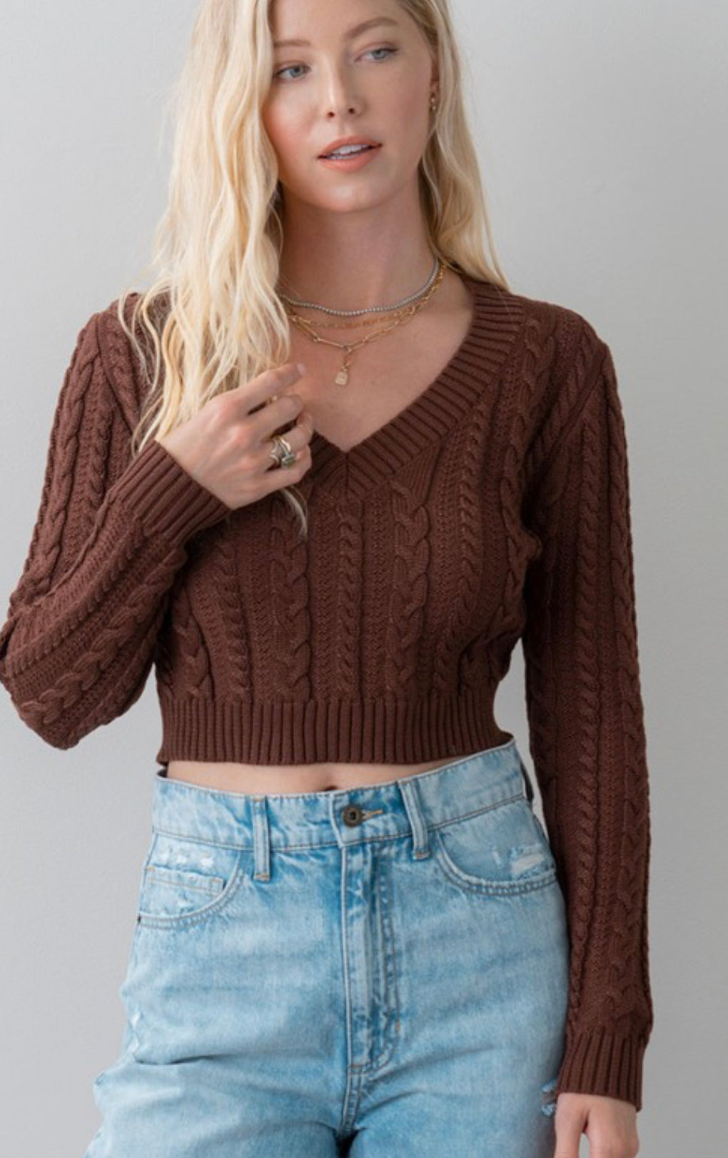 Chocolate Cableknit Crop Sweater