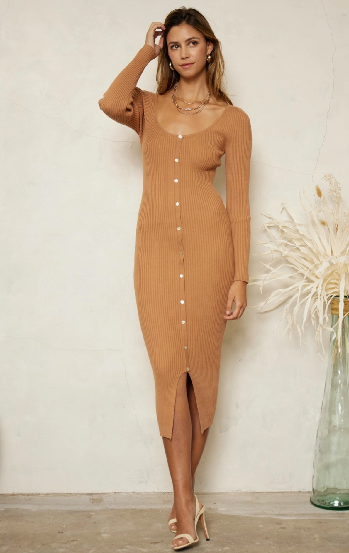 Chic & Sleek Rib Knit Sweater Midi Dress L
