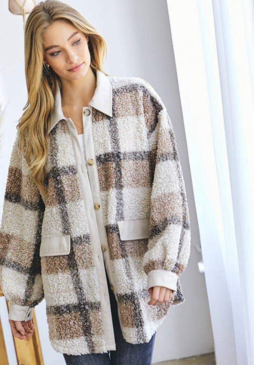 Oversized Fuzzy Plaid Shacket (Curvy Collection)