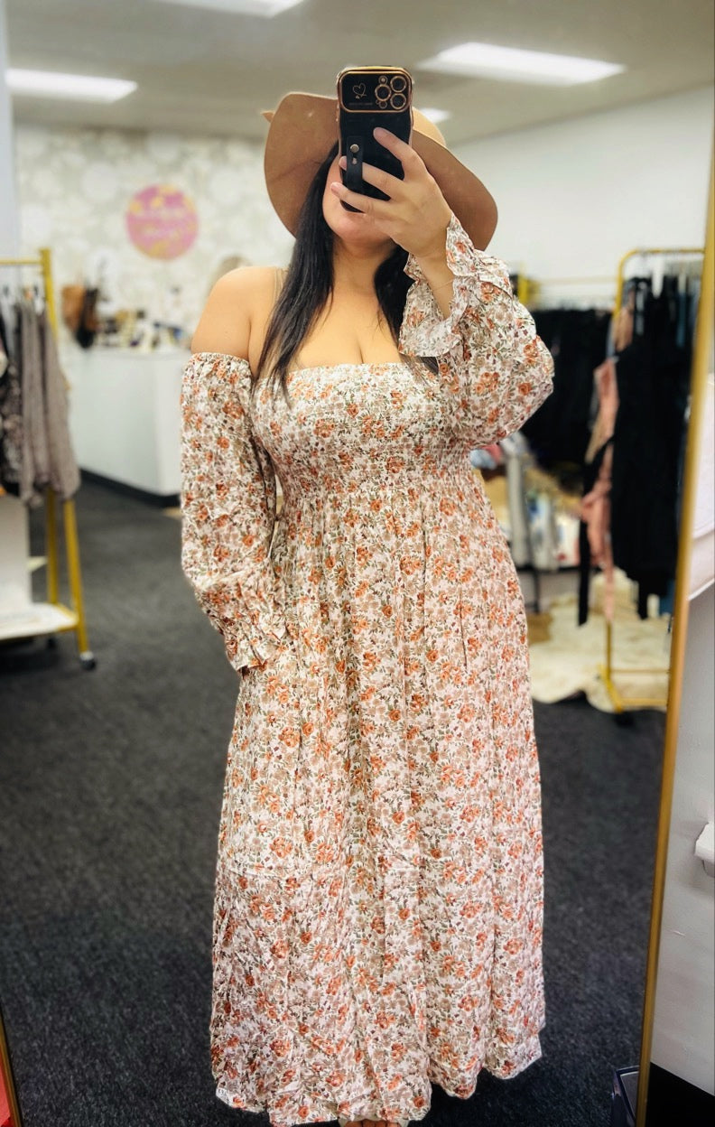 chinese dress ladies Cream Floral Smocked Long Sleeve Maxi Dress – PinkBlush