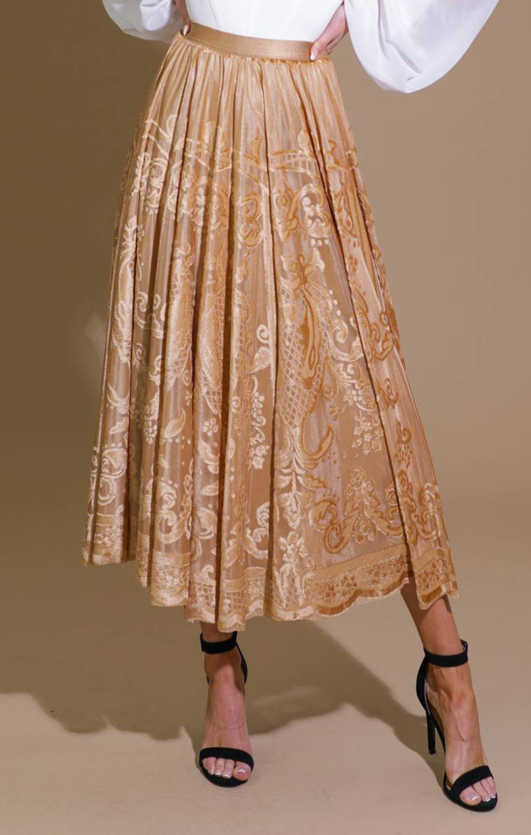 Chic Champagne Velvet Burnout Midi Skirt