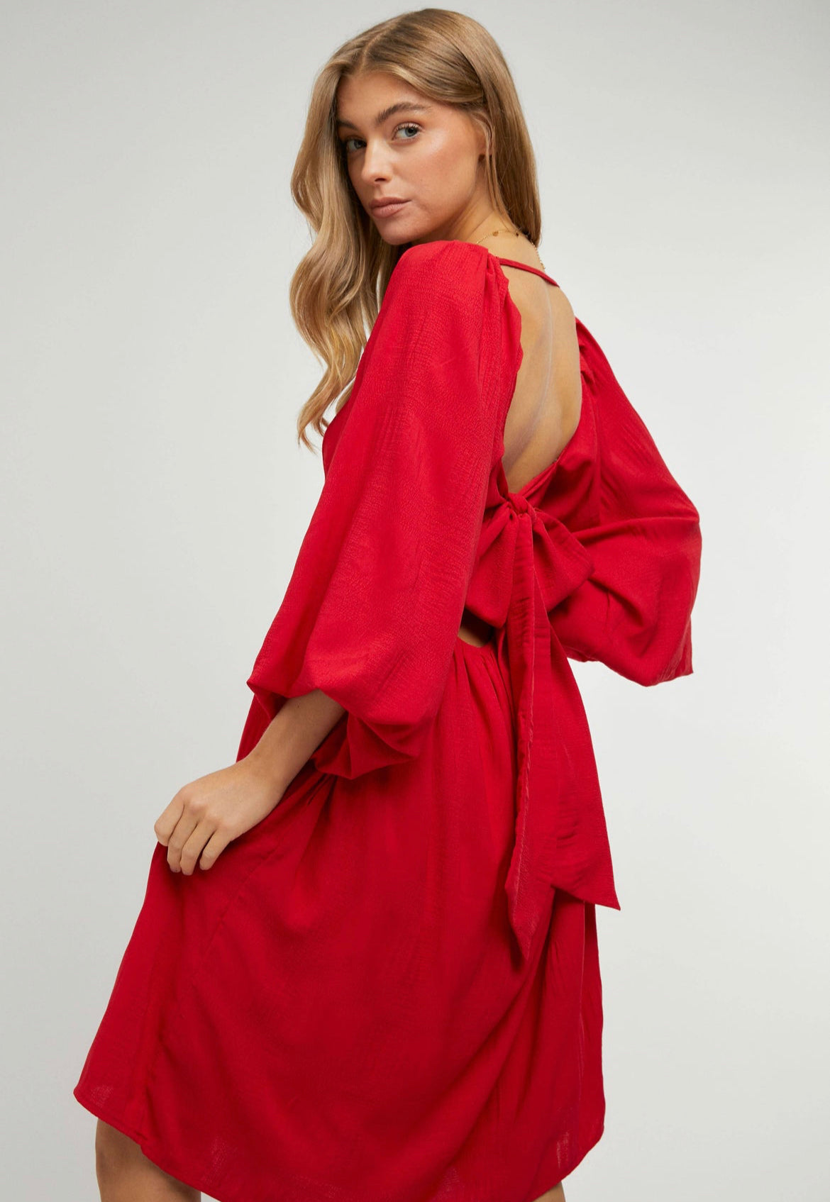 bow tie open back dress Black Silk Satin Open Back Dress With Long Bishop Sleeves, Turtleneck and Back Bow Tie