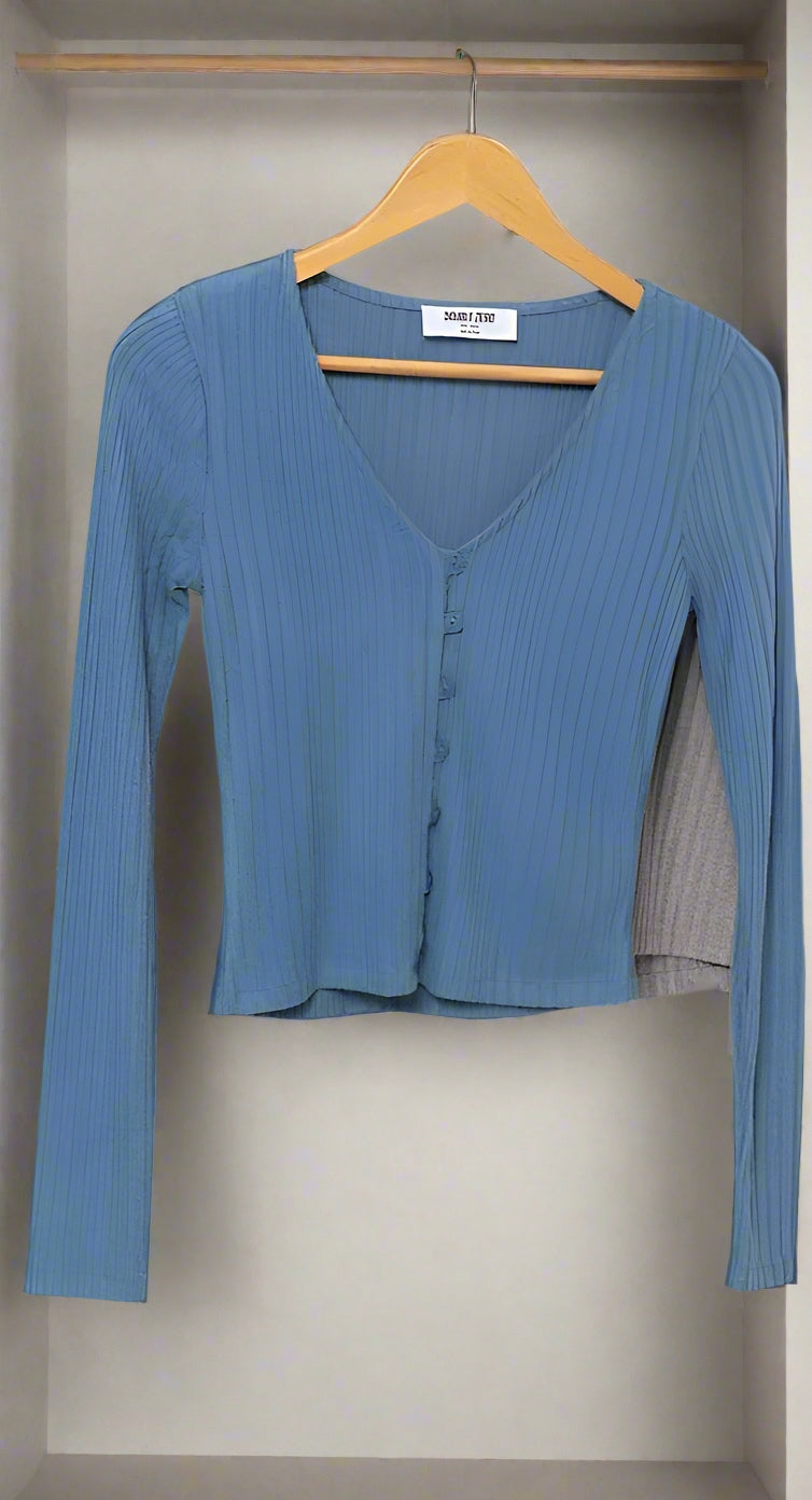 Steel Blue Super Soft Brushed Ribbed Button Front Top
