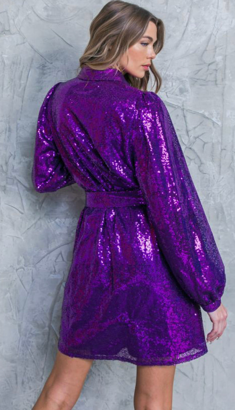 Electric Purple Sequin Shirt-Dress S Electric Purple Sequin Shirt-Dress S
