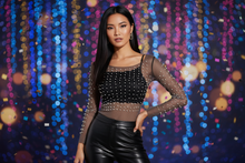 Load image into Gallery viewer, Preppy Rebel Long Sleeve Beaded Mesh Top
