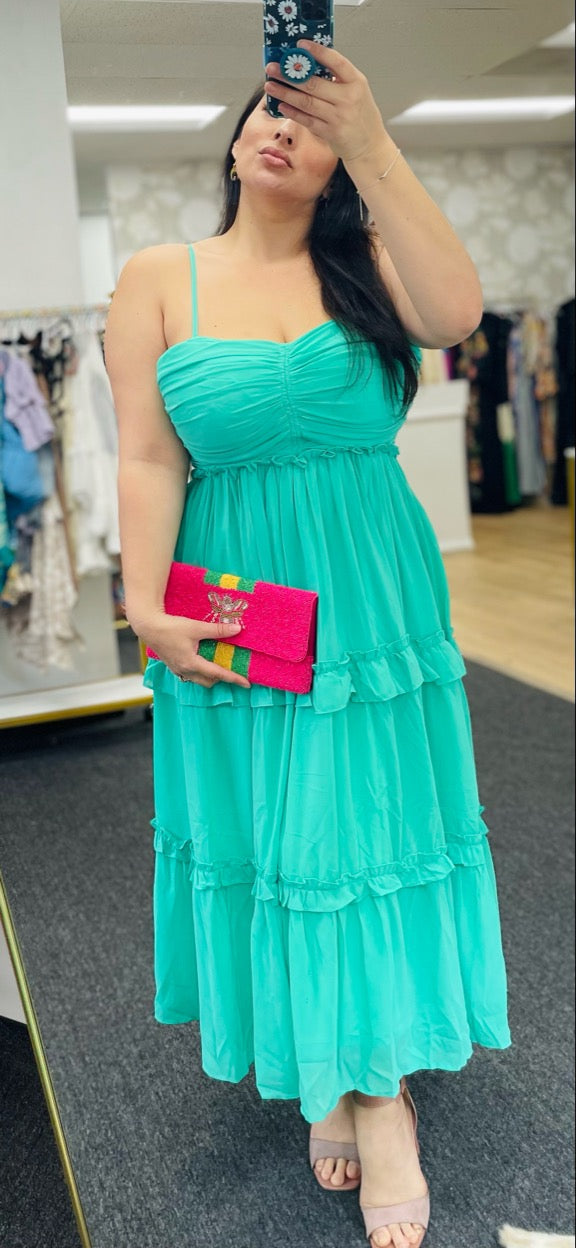 Jaded for You Ruched Chiffon Midi Dress L / JADE