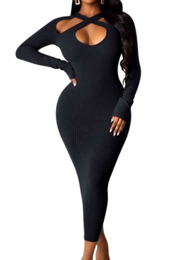 strapless open back dress MB FASHION Cut-Out Ribbed Bodycon Midi Dress with Short Sleeves 5286T main image 1