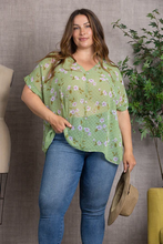 Load image into Gallery viewer, Sheer Sage Swiss Dots Floral Top (Curvy Collection)
