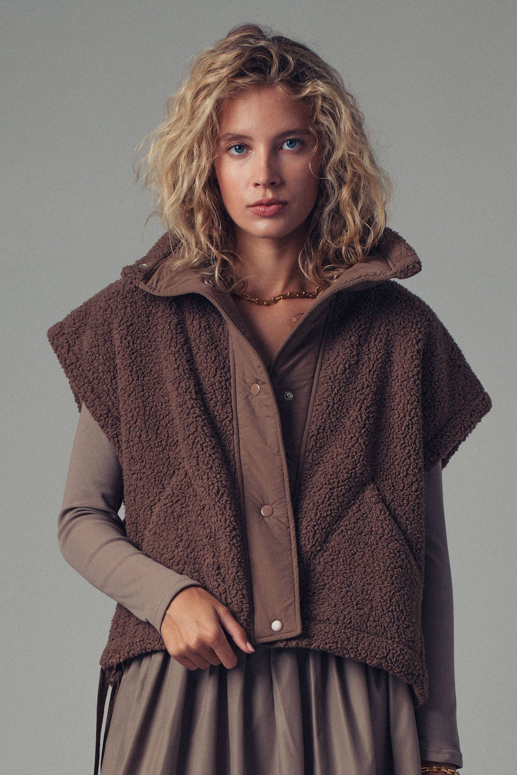 Plush Chocolate Quilted Collar Boxy Sherpa Vest