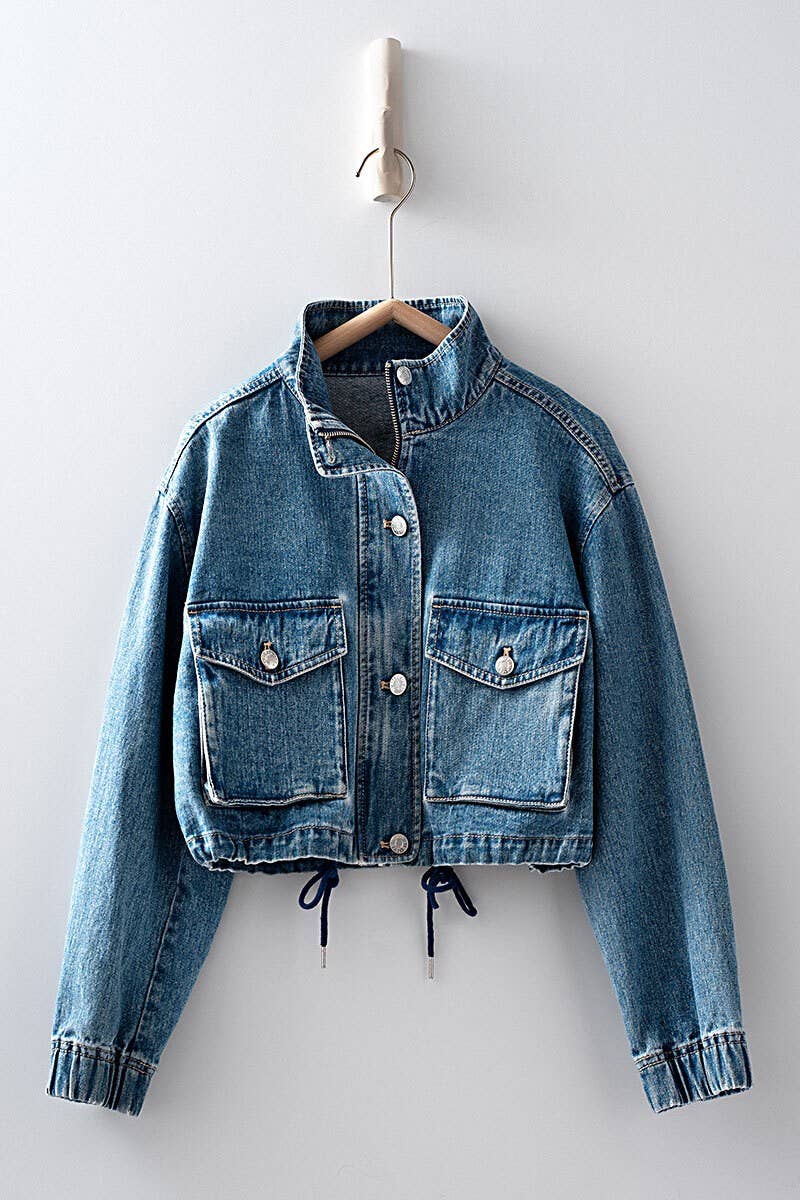 Get Elevated Drawstring Hem Stand Collar Denim Crop Jacket
