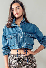 Load image into Gallery viewer, Get Elevated Drawstring Hem Stand Collar Denim Crop Jacket
